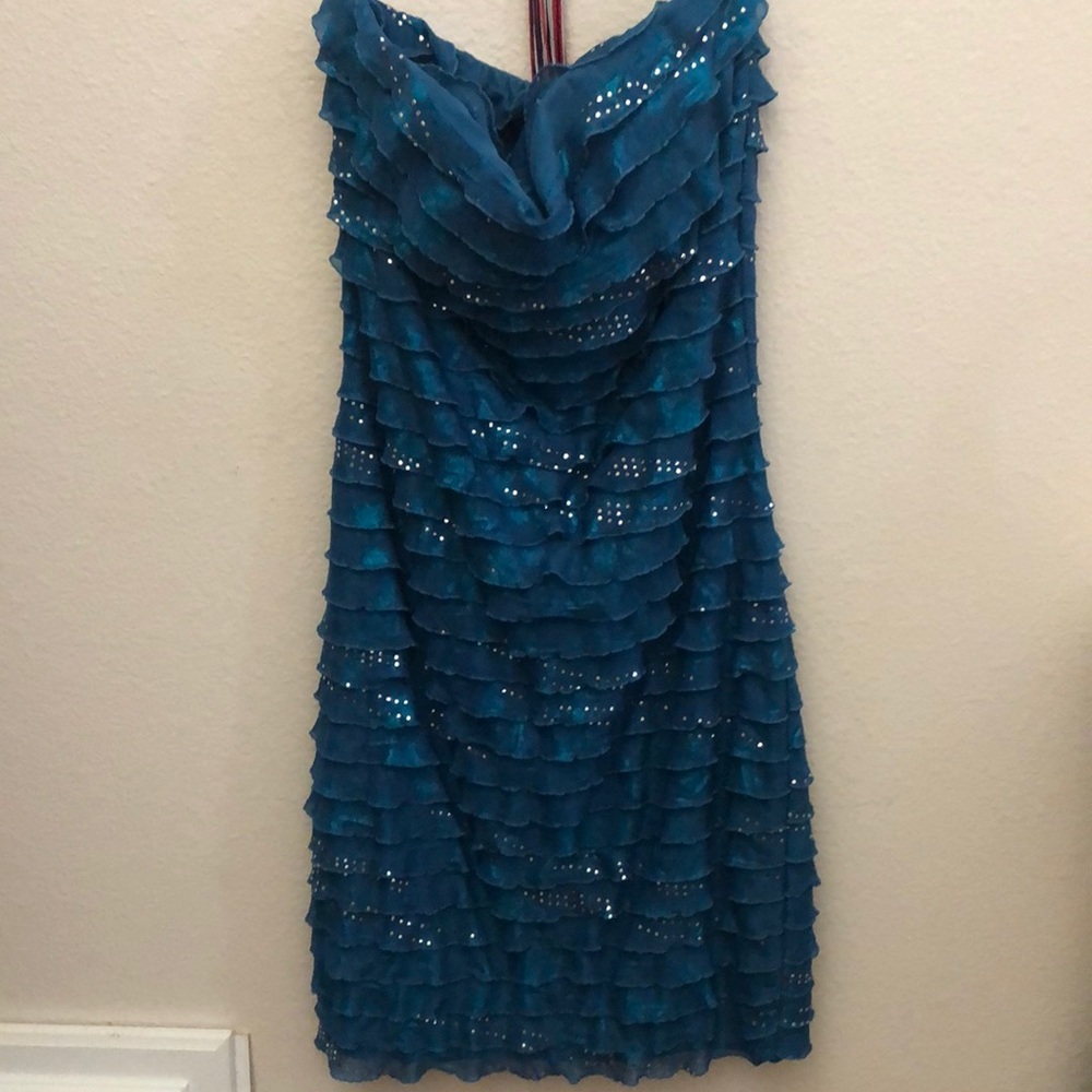 Blue mini dress with silver dots strapless